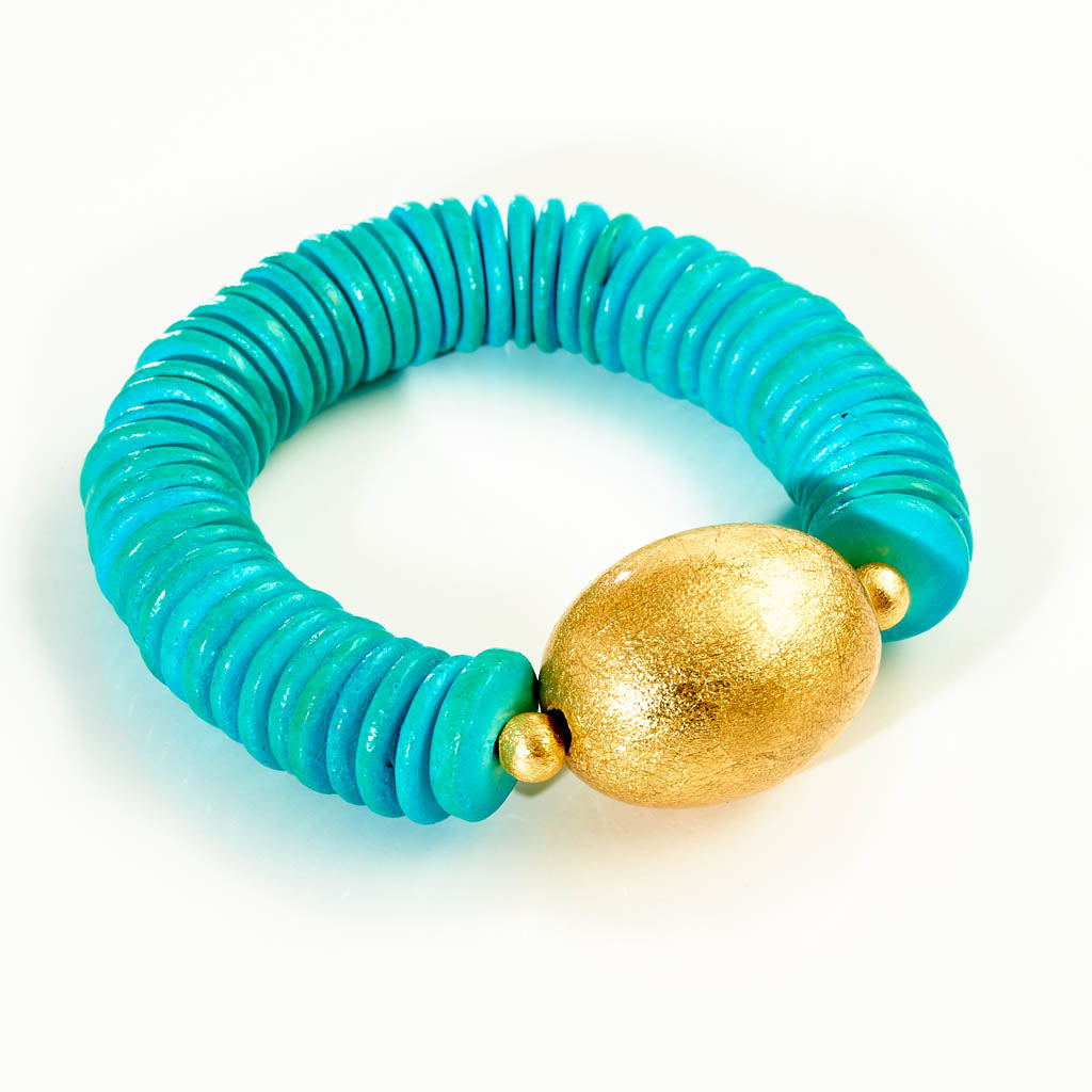 GOLD & BOLD Armband – Scheiben Blau Holz - Olive blattvergoldet
