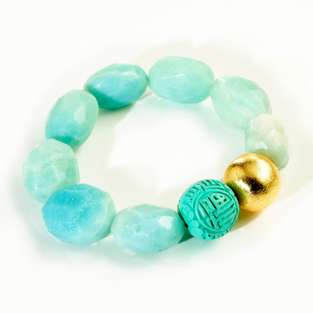NUGGET Armband – hellblauer Amazonit - Chinesische Wachskugel & vergoldete Bronzekugel