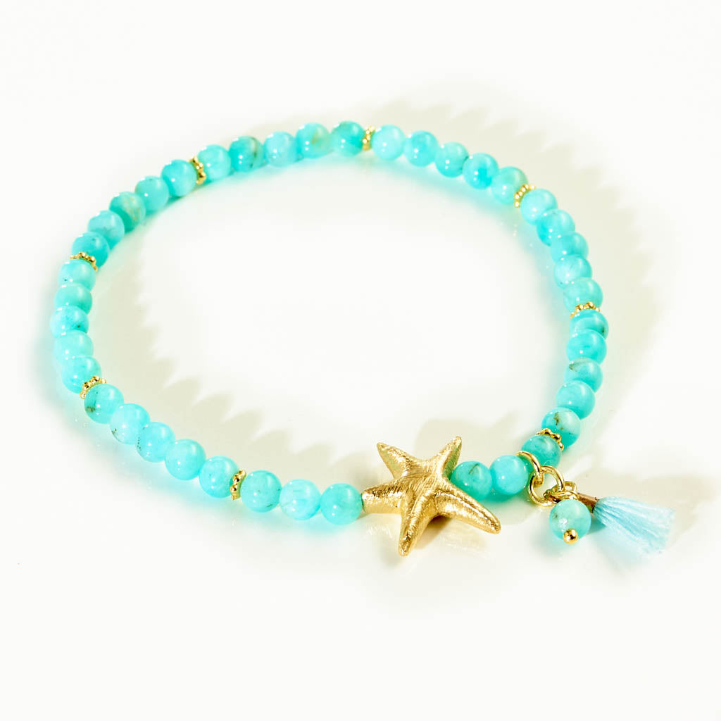 Seestern-Armband vergoldet mit Amazonit & verspielter Quaste – Sommer Schmuck