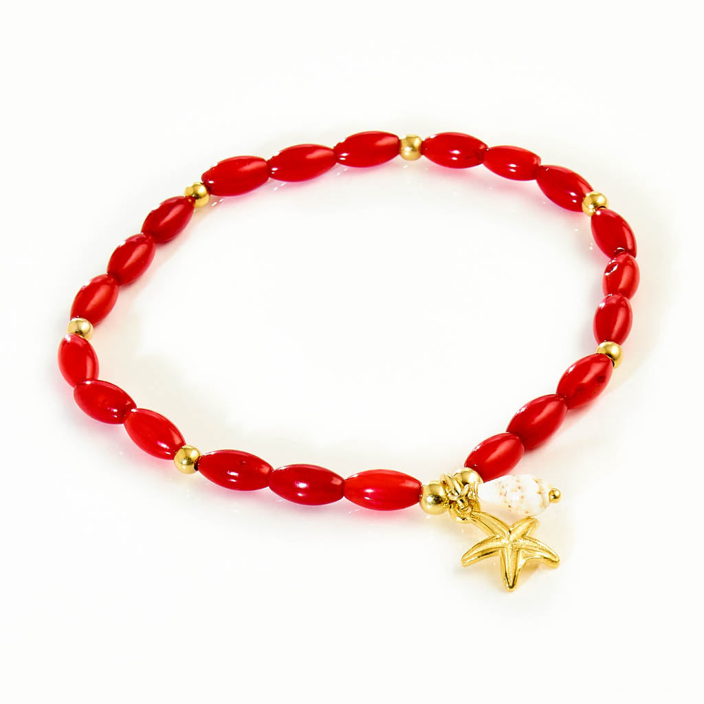 Armband mit roter Bambuskoralle – Maritimer Sommerschmuck mit Seestern & Muschel