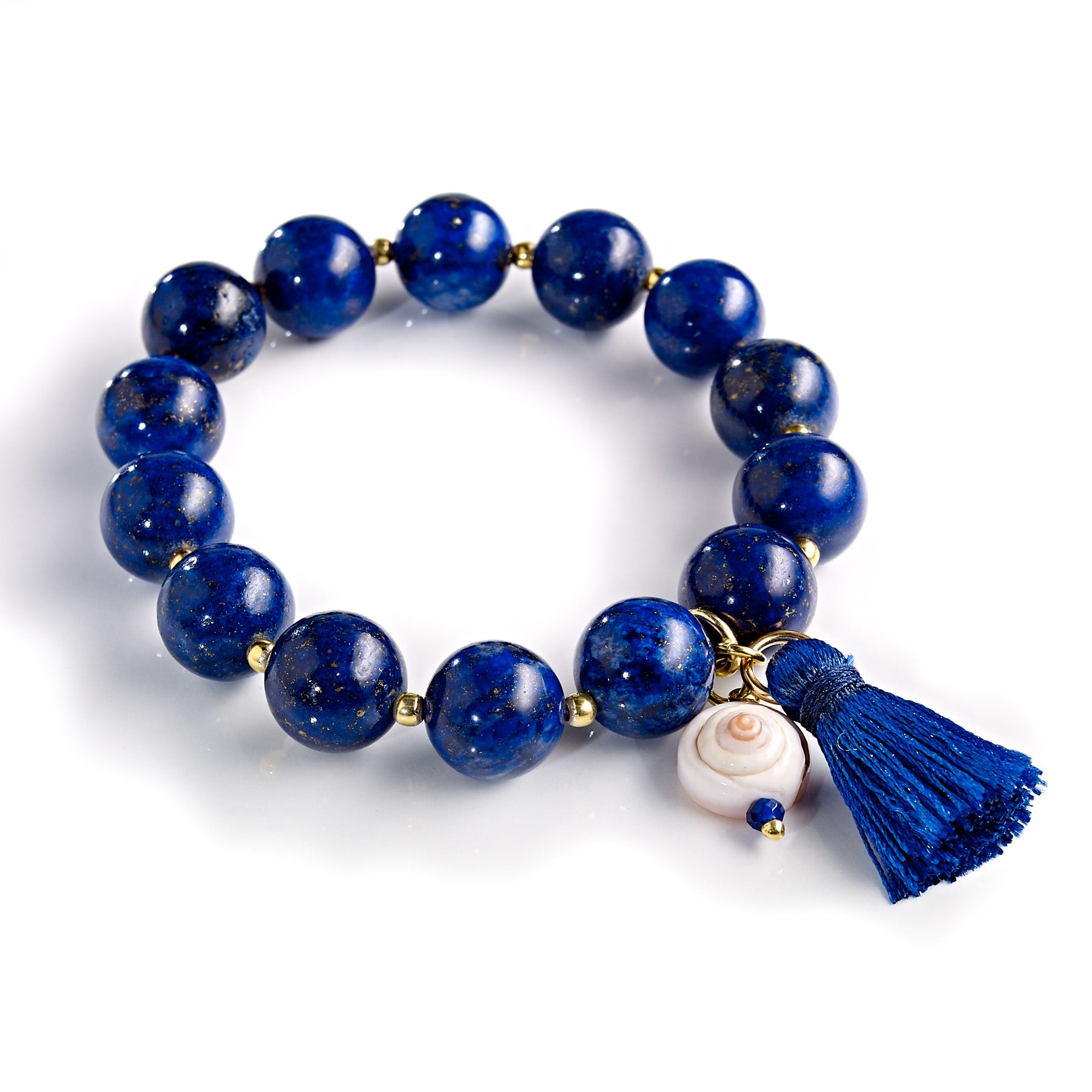 Lapislazuli Armband mit Naturmuschel & Quaste – Maritimer Sommerschmuck