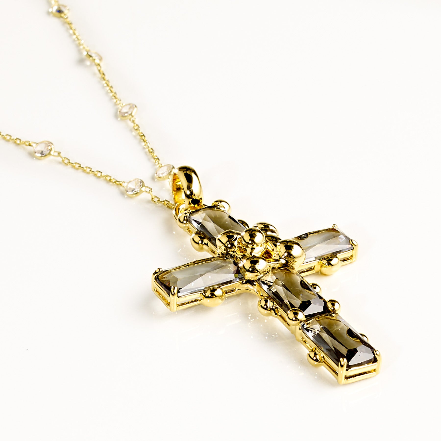 PURESSE I Kreuz Anhänger – Flanell Grey Crystal, Gold Unikat handgefertigt ohne Kette