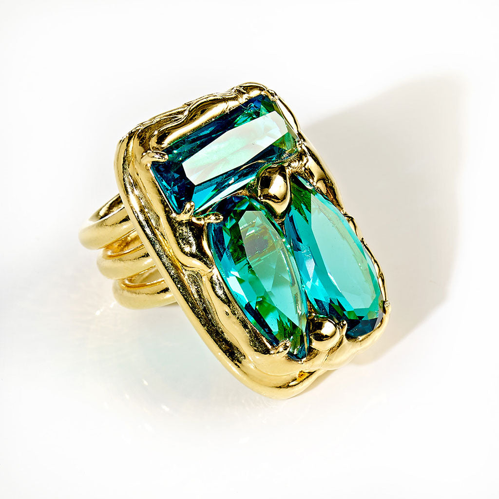 VENICE Ring Leidenschaftliches Petrol Passion – Unikat aus vergoldetem Messing mit petrolfarbenem Farbedelstein und CRYSTAL
