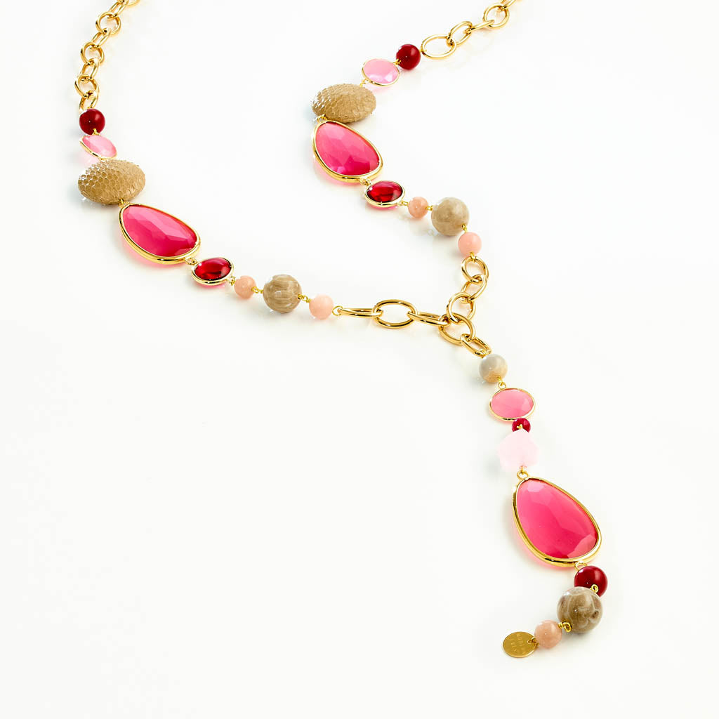 VENICE Y-Gliederkette Rosa – Tropfen, Schlangenleder-Scheiben und Farbedelsteine, gold