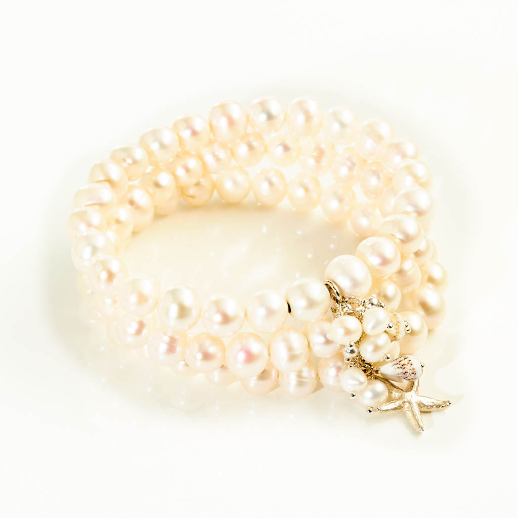 Süßwasserperlen Armband 3-reihig mit Seestern in Silber – edler Schmuck
