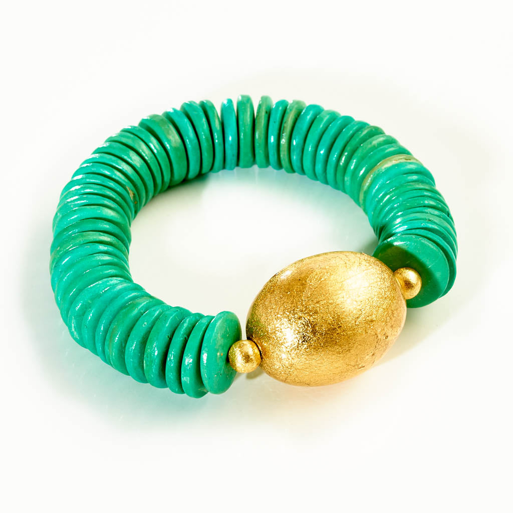 GOLD & BOLD Armband – Scheiben Türkis Holz - Olive blattvergoldet