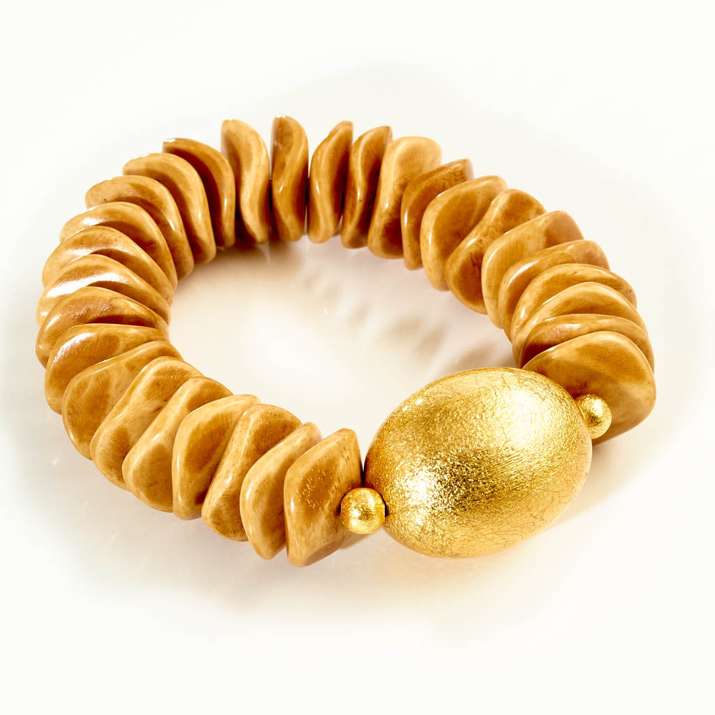 GOLD & BOLD Armband – Scheiben Caramel Bone - Olive blattvergoldet