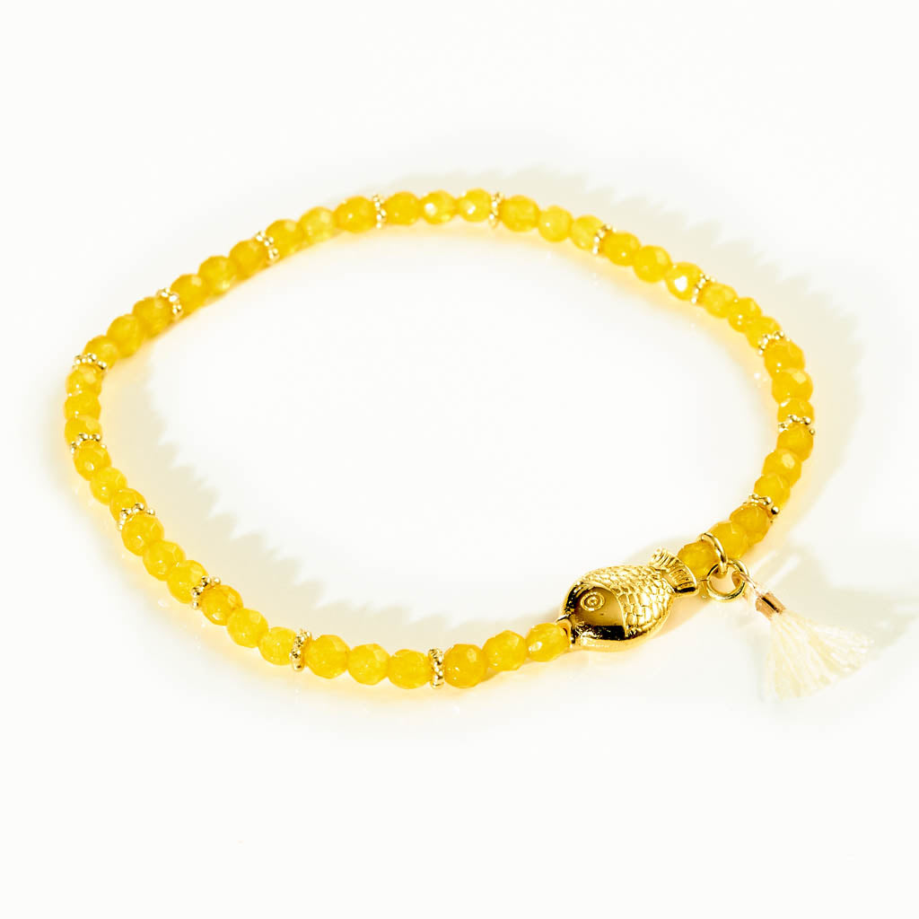 MINI BLUB Armband – Gelbe Jade-Kugeln mit vergoldetem Fisch, handgefertigter Damenschmuck, elegantes Armband