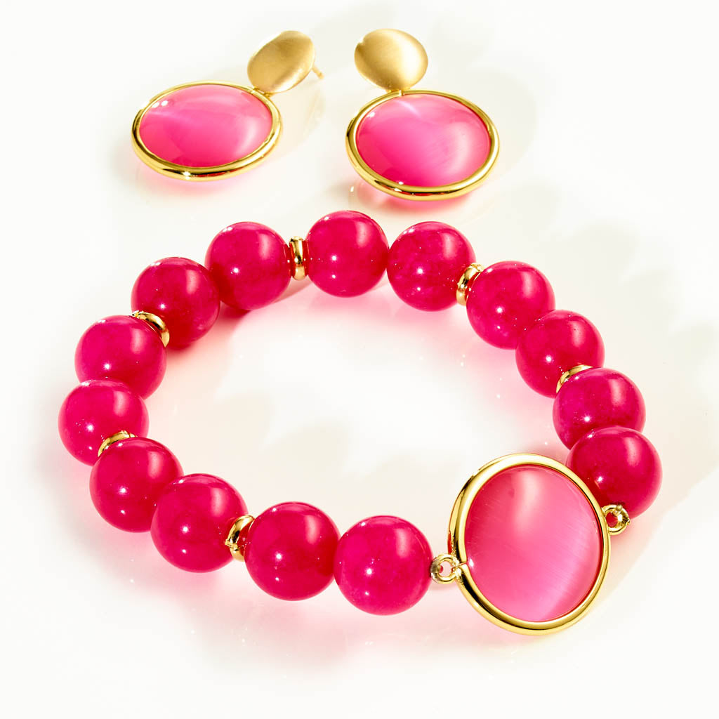 CARAMELLI Armband „Pink Lemonade“ – Pink gefärbte Jade & Crystal Gold