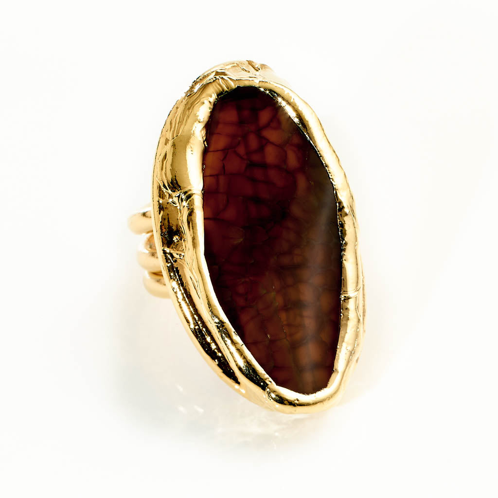VENICE Ring Netzachat braun – vergoldetes Messing mit Farbedelstein Unikat